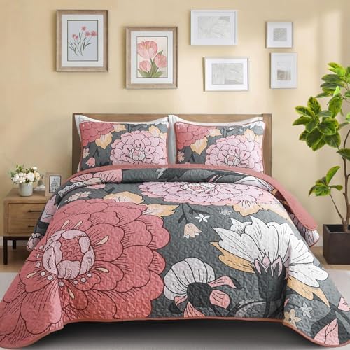 DJY Floral Quilt Set King Size Grey and Pink 1