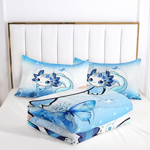 AILONEN Axolotl Comforter Set Queen Size Kawaii Blue Print Bedding
