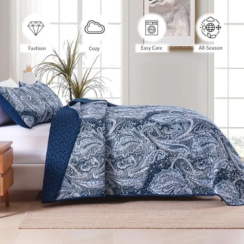 DJY Navy Paisley Queen Quilt Set 3 pcs