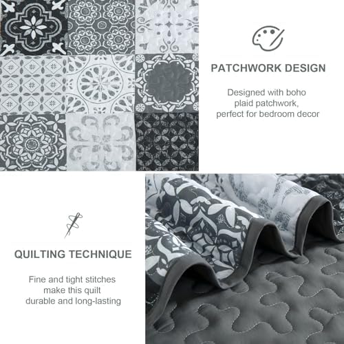 Dobuyly Boho Patchwork Cal King Quilt Set Grey Black 3-Piece Microfiber