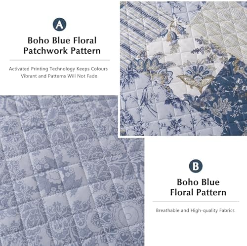 GOONE Blue Floral Quilt Set King Size Reversible Fade Resistant