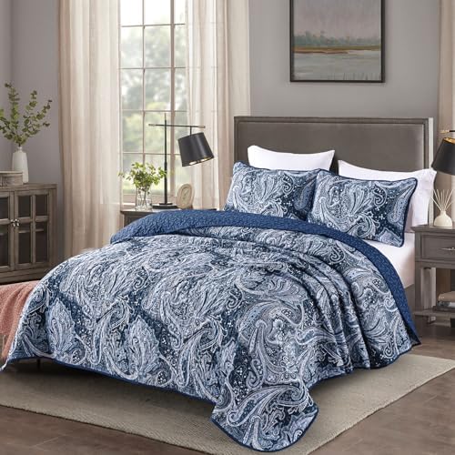DJY Navy Paisley Queen Quilt Set 3 pcs