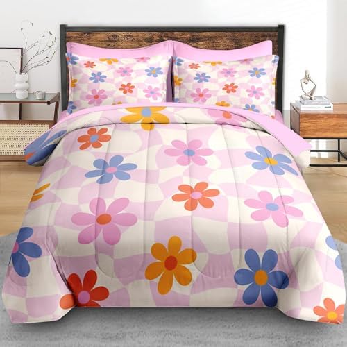Pamnest Retro Daisy Pink Queen Comforter Set 7 Pcs