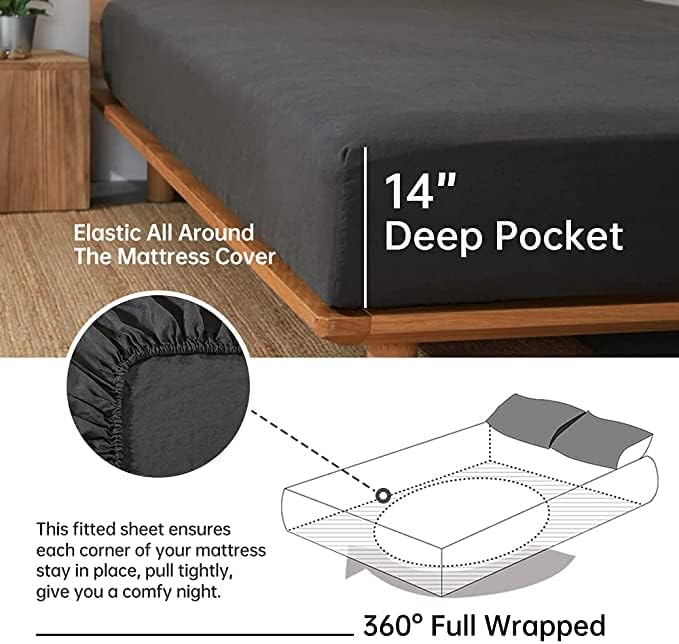 SimpleOpulence Queen Linen Sheet Set with Embroidery 4 pcs - Dark Grey