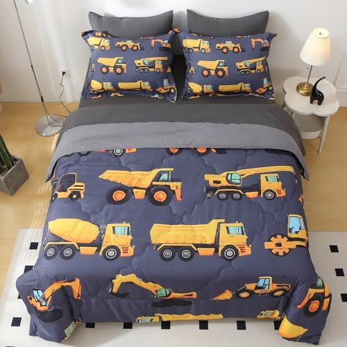 Wajade 7 Piece Construction Truck Kids Comforter Set Twin Size