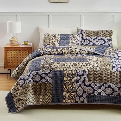 Flysheep 3-Piece Patchwork Quilt Set Khaki Blue Farmhouse Bedspread