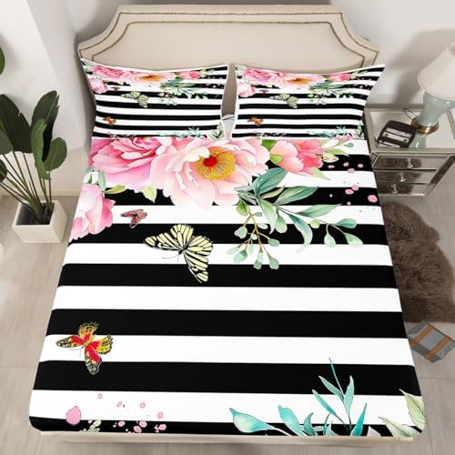 Erosebridal Pink Floral Sheet Set with 2 Pillowcases King Size