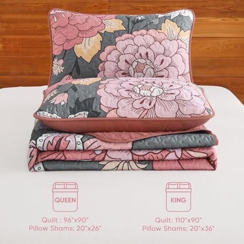 DJY Floral Quilt Set King Size Grey and Pink 1