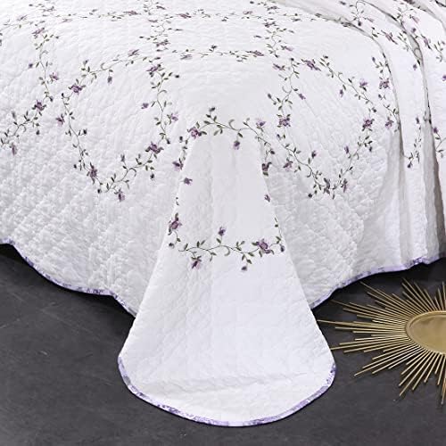 Vctops 3-Piece Floral Embroidered Quilt Set Twin