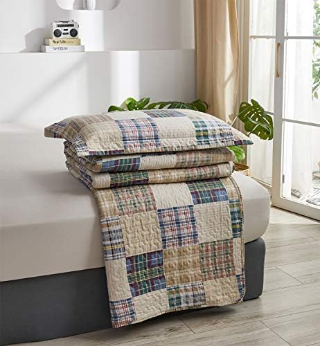 Hailea Beige Plaid Quilt Set King Size 1