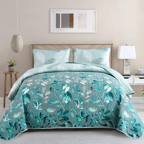 WONGS BEDDING Aqua Botanical Quilt Set Queen 3PC
