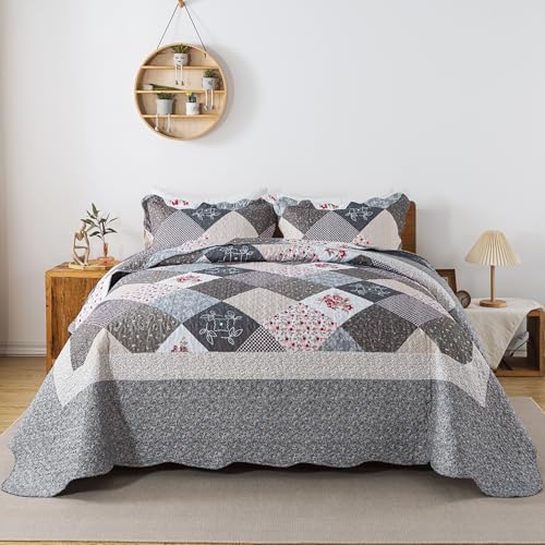 HoneiLife King Quilt Bedding Set - 3 Piece Grey Microfiber Quilt