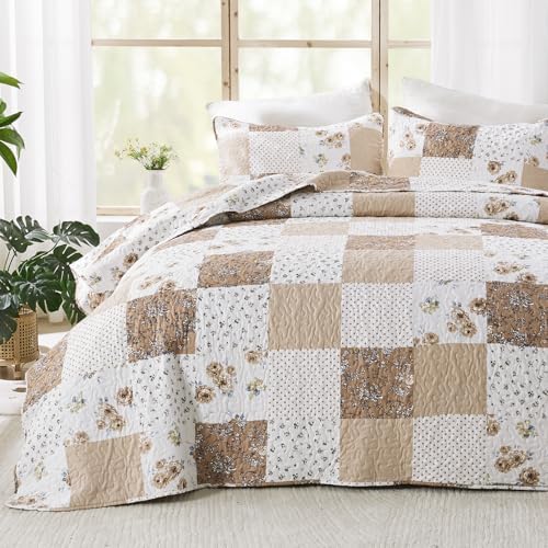 VIVILINEN Reversible Brown Floral Plaid Quilt Set