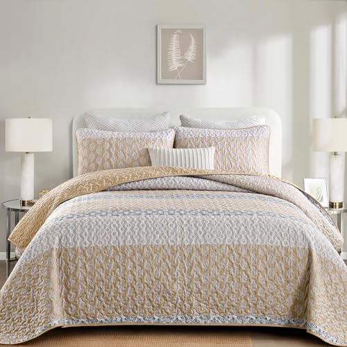Boho Quilt Set King Size Beige Striped Coverlet 3 Pieces