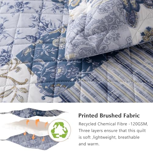 GOONE Blue Floral Quilt Set King Size Reversible Fade Resistant