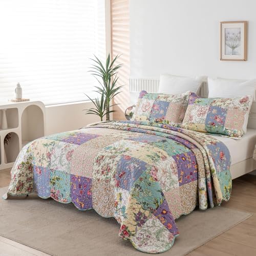 YAYIDAY Oversized Queen Quilt Set - 100 Cotton Reversible Patchwork Bedspread