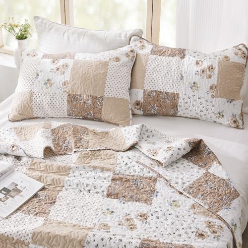 VIVILINEN Reversible Brown Floral Plaid Quilt Set