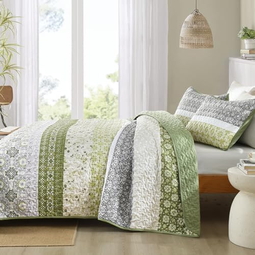 WONGS BEDDING Boho Quilt Set Queen Size Olive Green