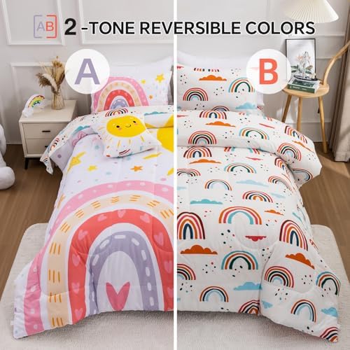 Btargot 5 Piece Pink Rainbow Comforter Set for Kids