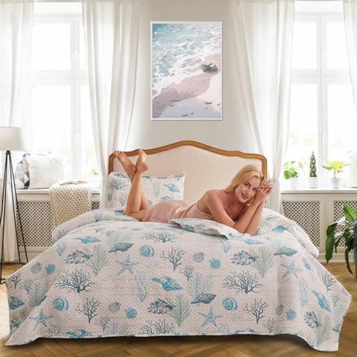 Junsey 3Pcs Ocean Theme Twin Quilt Set