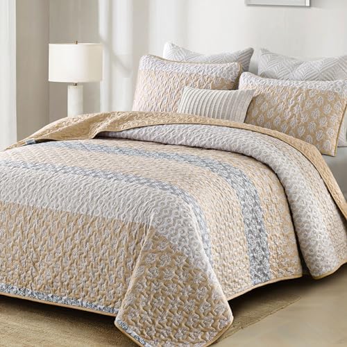 Boho Quilt Set King Size Beige Striped Coverlet 3 Pieces