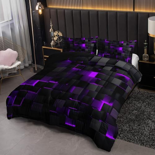 Neon Purple Black Geometric Comforter Set Queen 3PCS