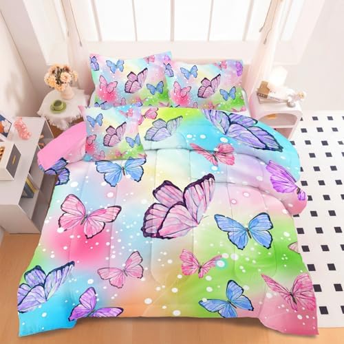 ASKOTU 4 Pcs Rainbow Butterfly Comforter Set for Girls