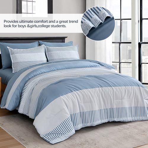 Blue Comforter Set Queen Size Boho Striped Kids Bedding