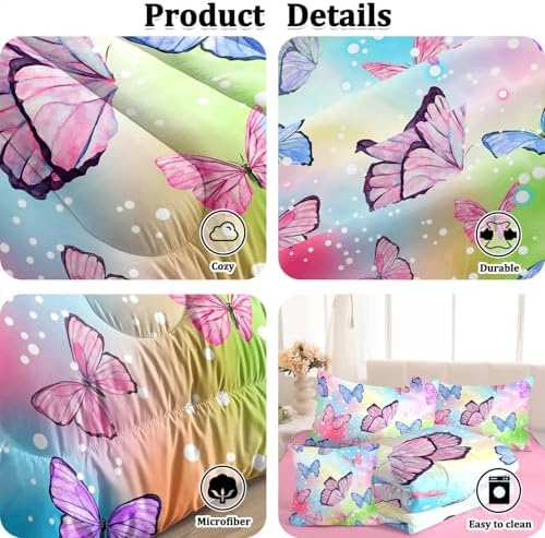 ASKOTU 4 Pcs Rainbow Butterfly Comforter Set for Girls