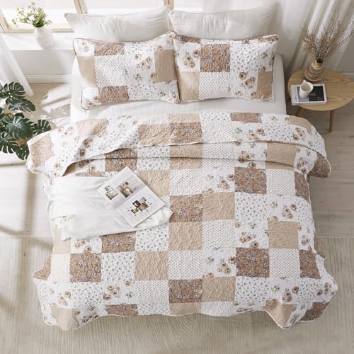 VIVILINEN Reversible Brown Floral Plaid Quilt Set