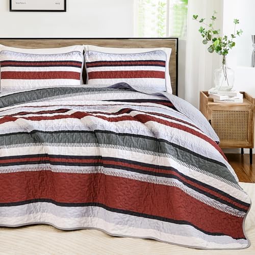 WONGS BEDDING Queen Size Red Striped Quilt Set