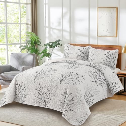 DJY White Botanical Quilt Set Queen Size 3 Piece