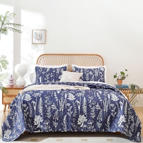 JANZAA Queen Size Navy Blue Floral Quilt Set