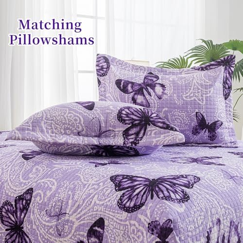 ARTALL Quilt Set 3-Piece Full Queen Size Paisley Butterfly Purple