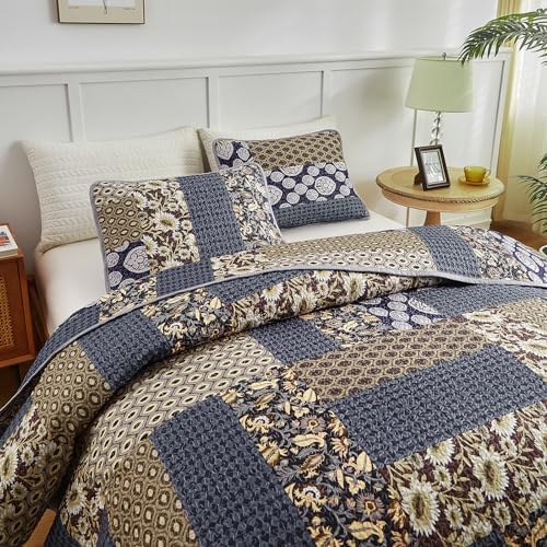Flysheep 3-Piece Patchwork Quilt Set Khaki Blue Farmhouse Bedspread