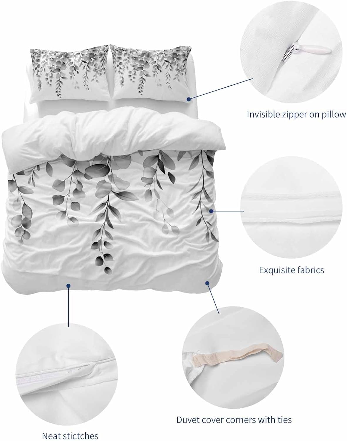ZOE GARDEN Grey Eucalyptus Duvet Cover Set Full Size 3 Piece