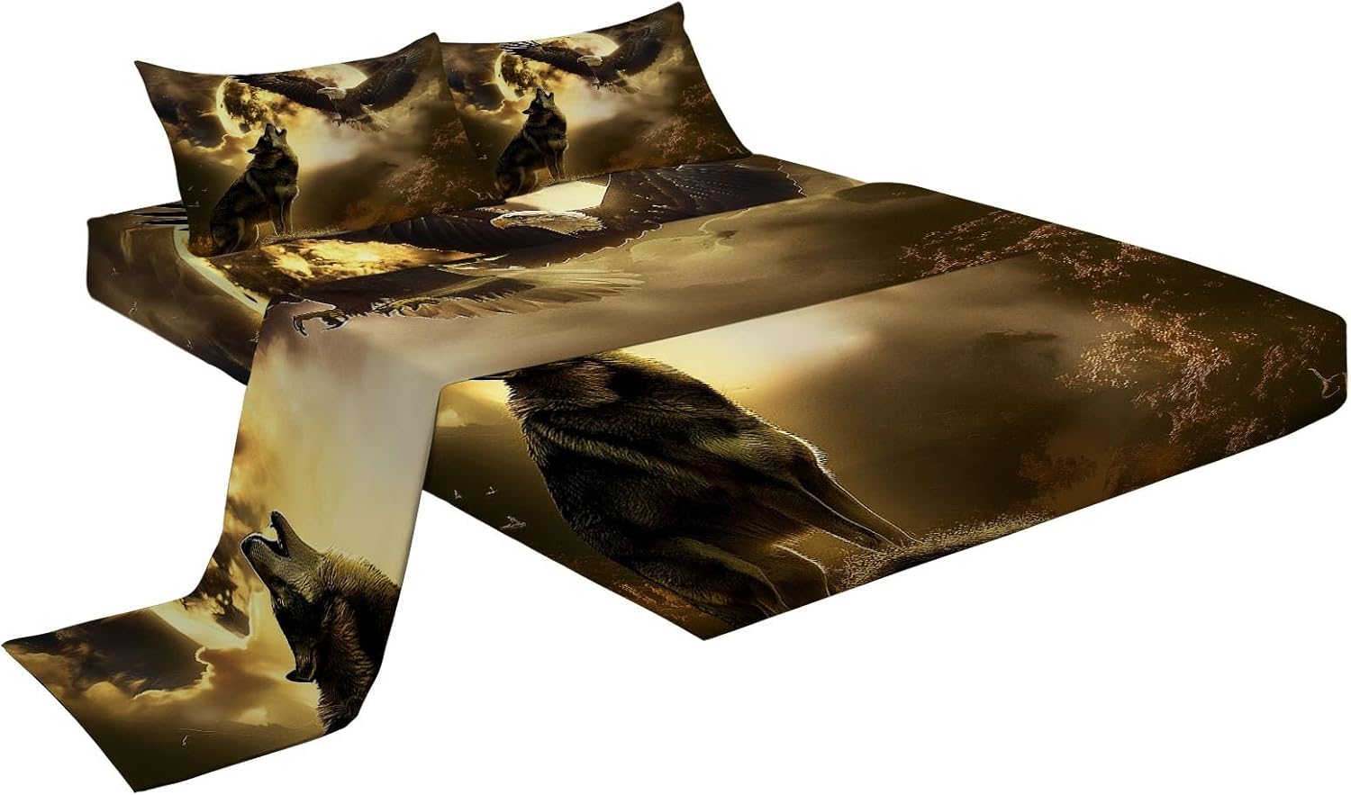 Moonlight Landscape Fitted Sheet Set with Wolf Eagle Design