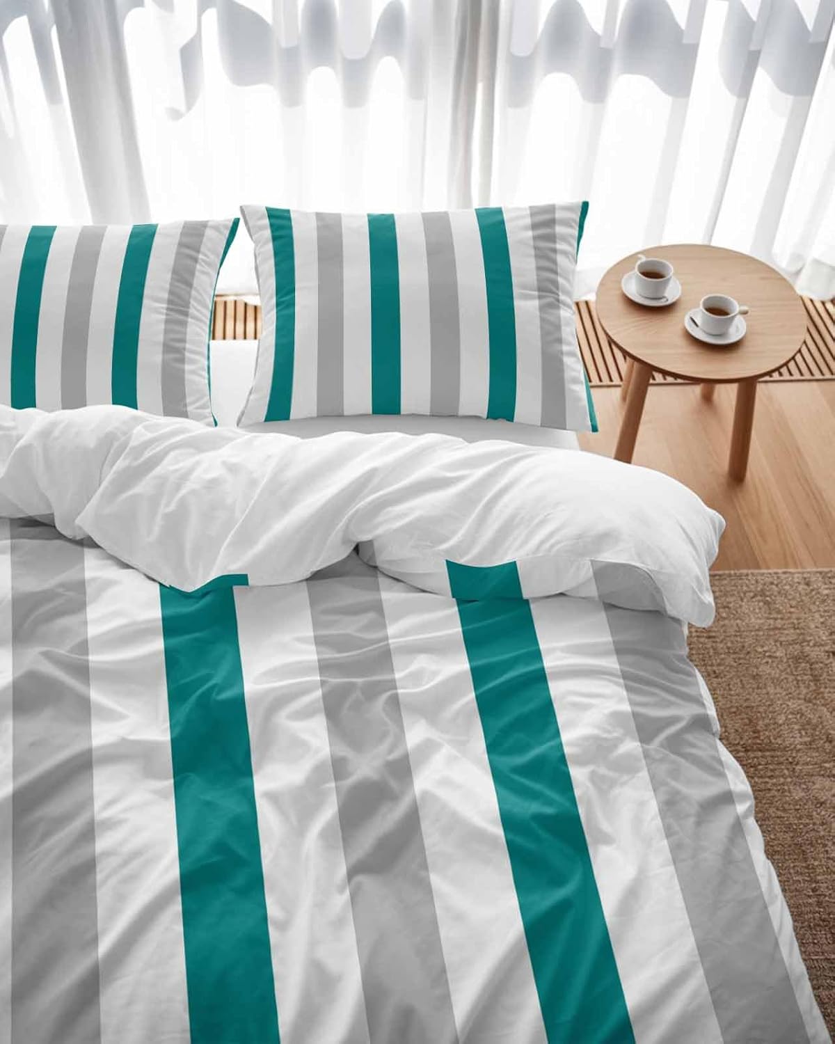 ZOE GARDEN Teal Grey Striped Duvet Cover Queen Set