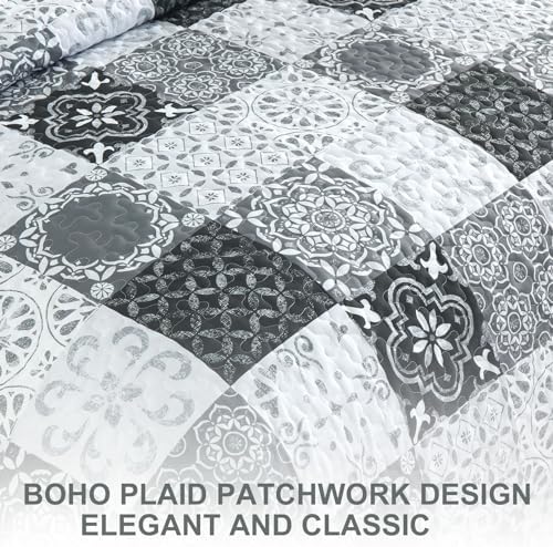 Dobuyly Boho Patchwork Cal King Quilt Set Grey Black 3-Piece Microfiber