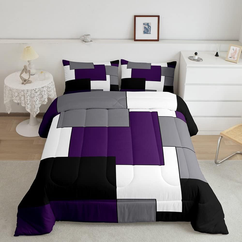 Erosebridal Grey Purple White Black Geometry Comforter Set Queen