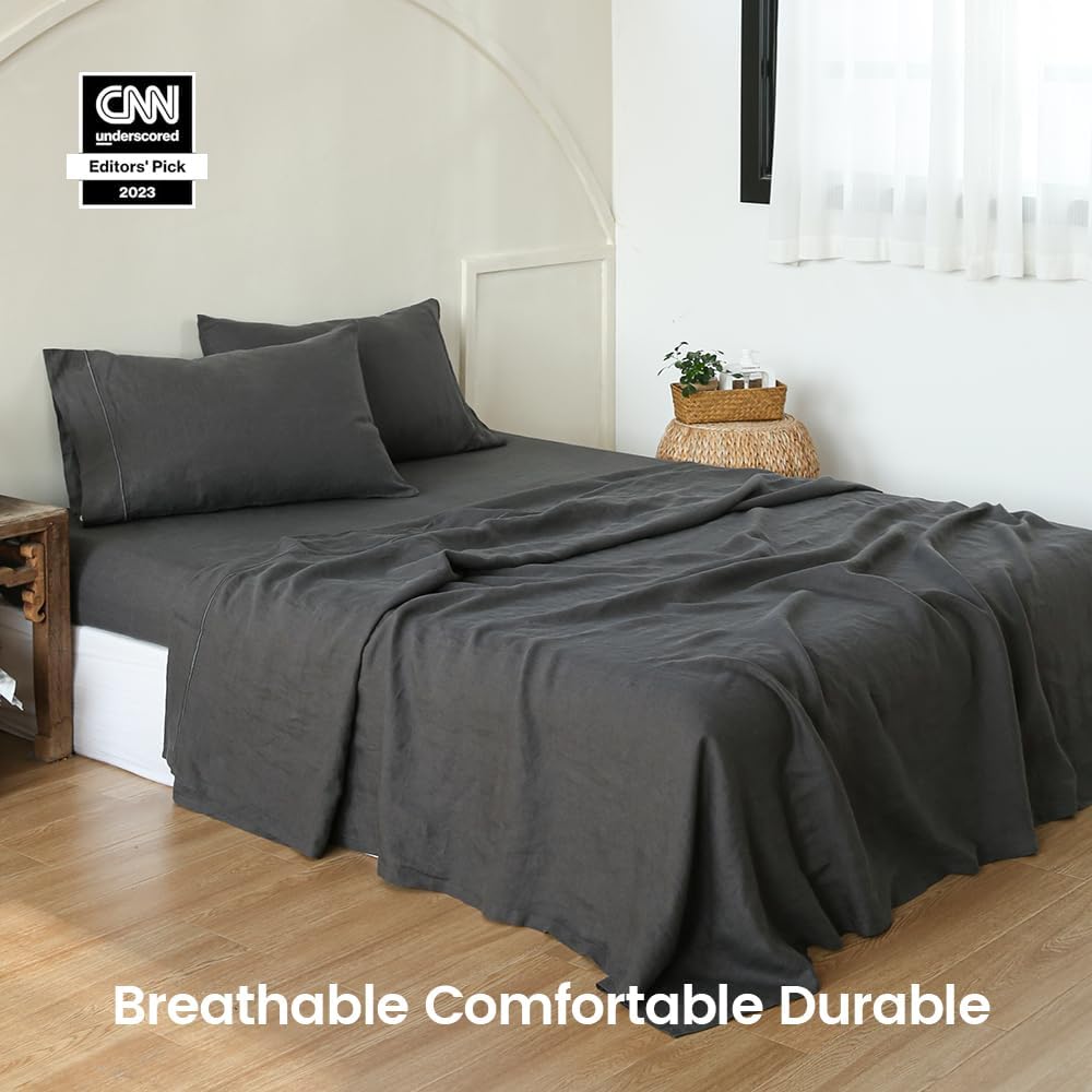 SimpleOpulence Queen Linen Sheet Set with Embroidery 4 pcs - Dark Grey