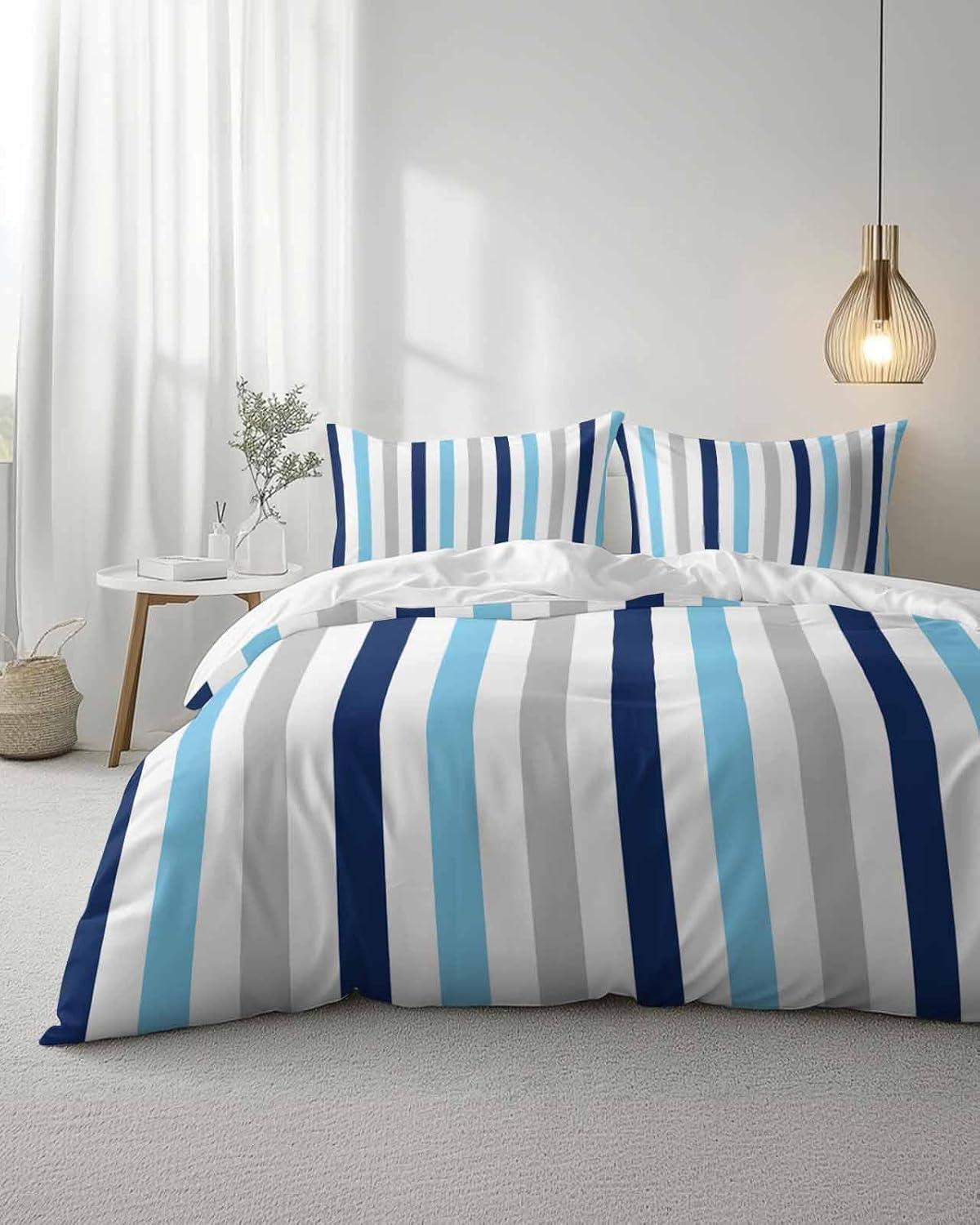 ZOE GARDEN Navy Blue Stripe Queen Duvet Cover Set 3 pcs