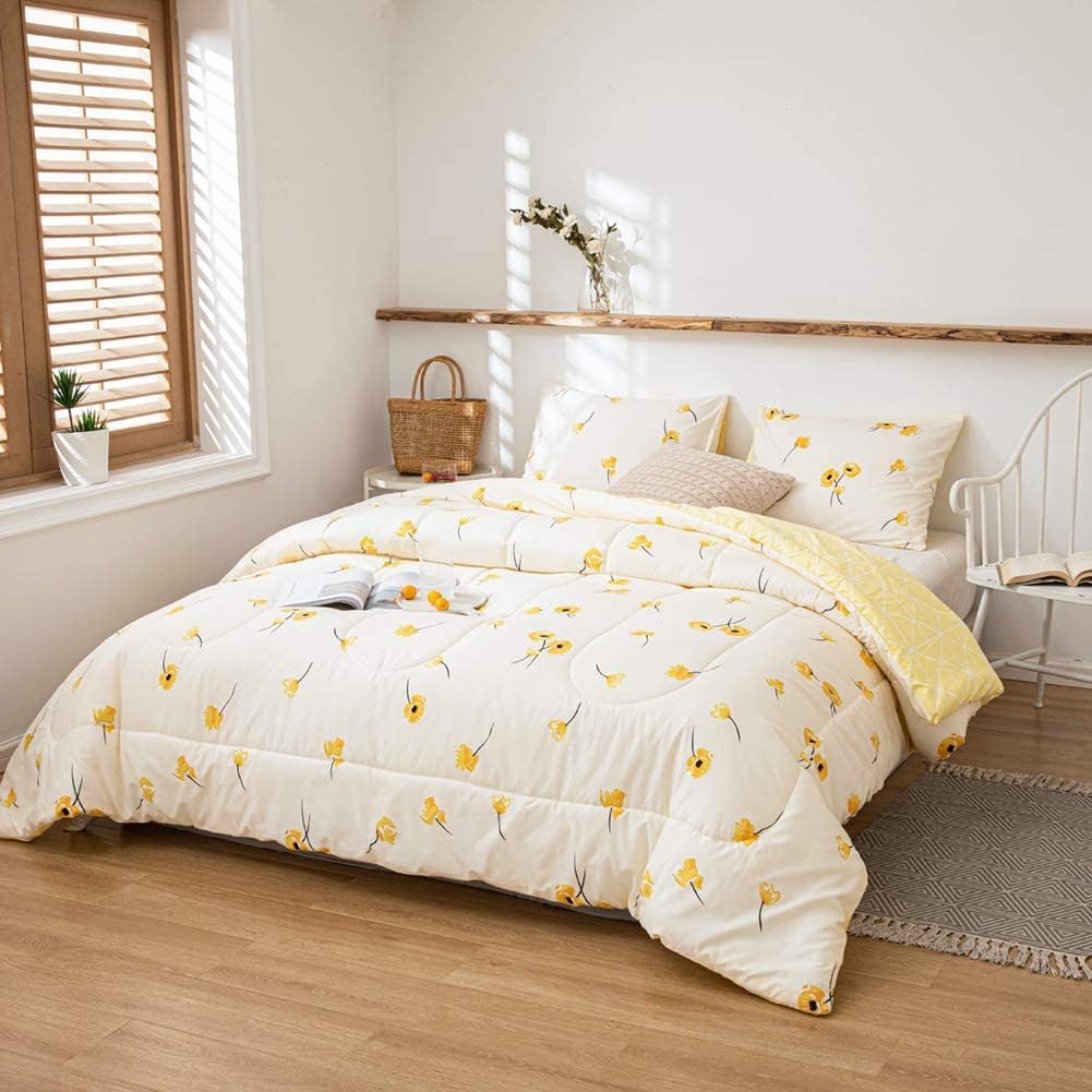 Bedorm Yellow Floral Comforter Set Twin Size