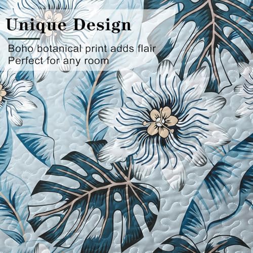 Yogeneg Light Blue Botanical Queen Quilt Set 3 Piece