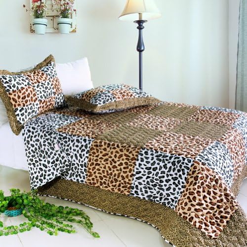 Leopard Pattern Cotton 3PC Vermicelli-Quilted Patchwork Quilt Set