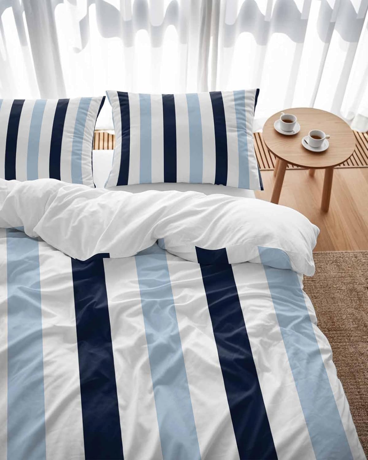 ZOE GARDEN Blue Vertical Stripes Duvet Cover Queen Set 1