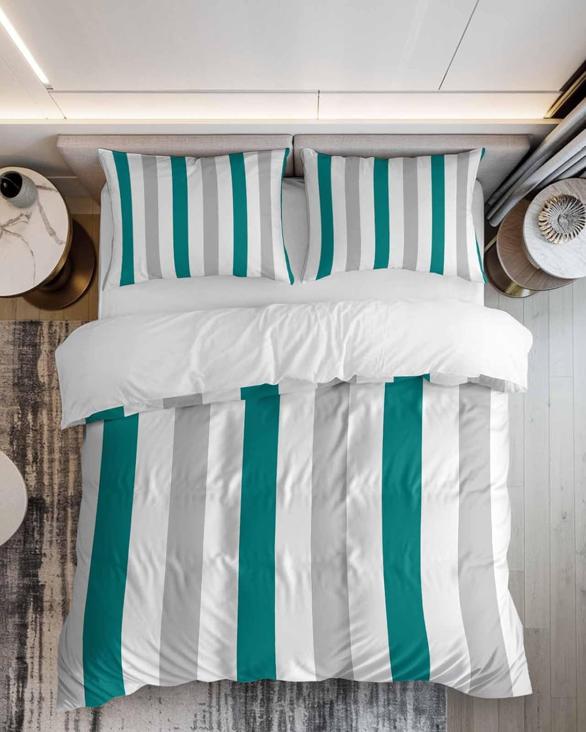 ZOE GARDEN Teal Grey Striped Duvet Cover Queen Set