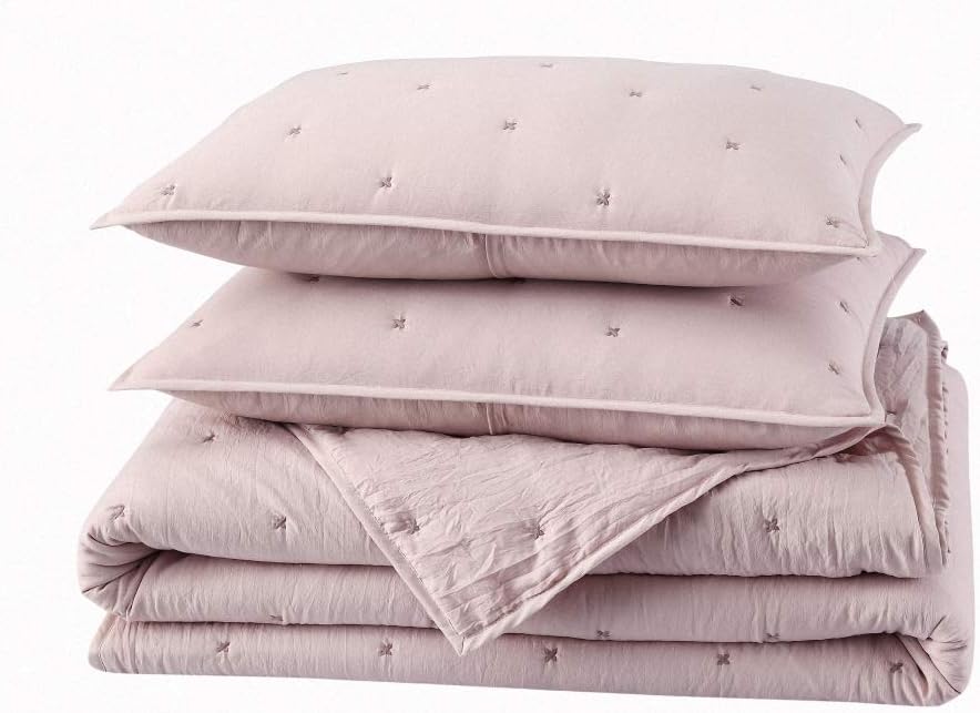 BOURINA Embroidery Quilt Set - 3-Piece Star Design Flesh Pink