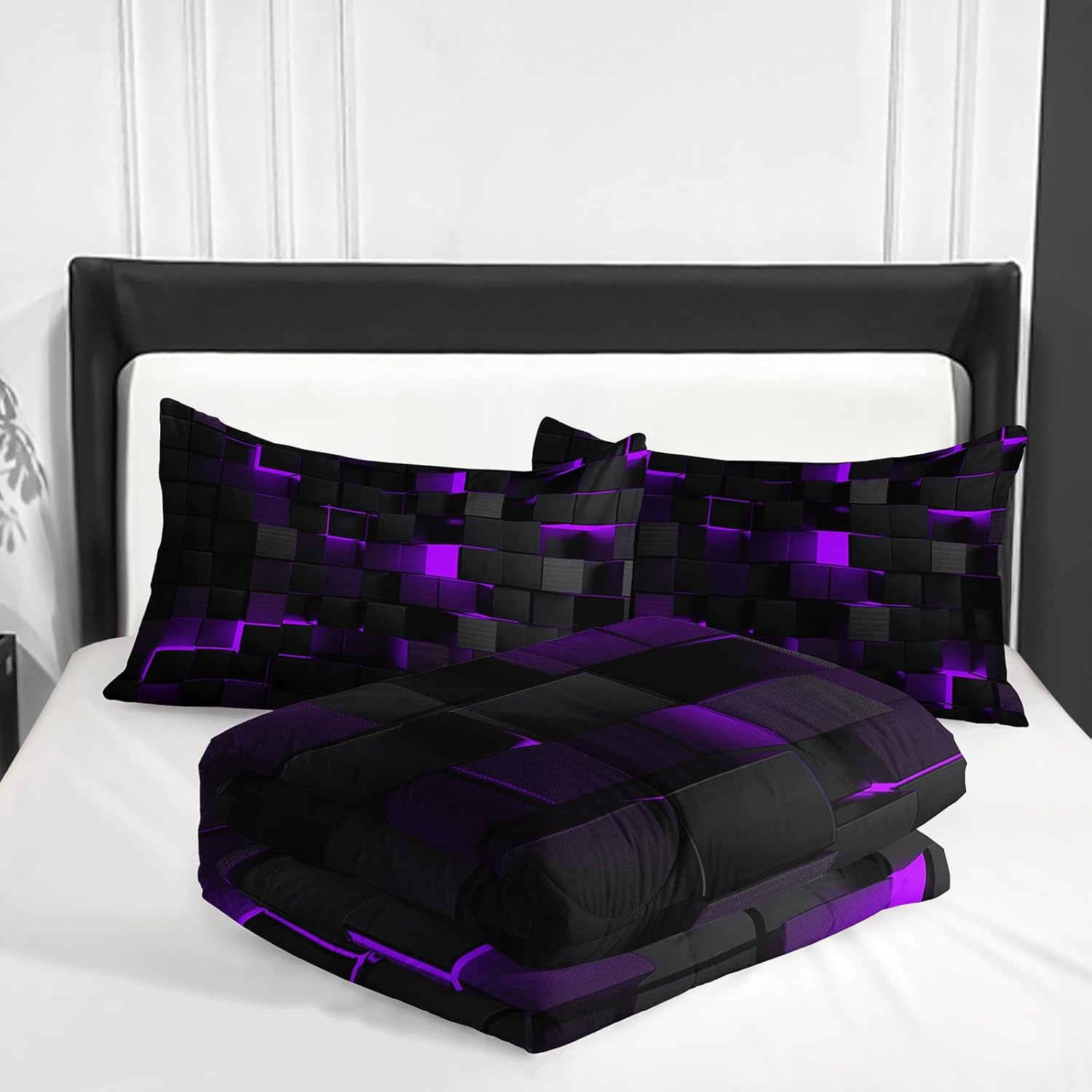 Neon Purple Black Geometric Comforter Set Queen 3PCS