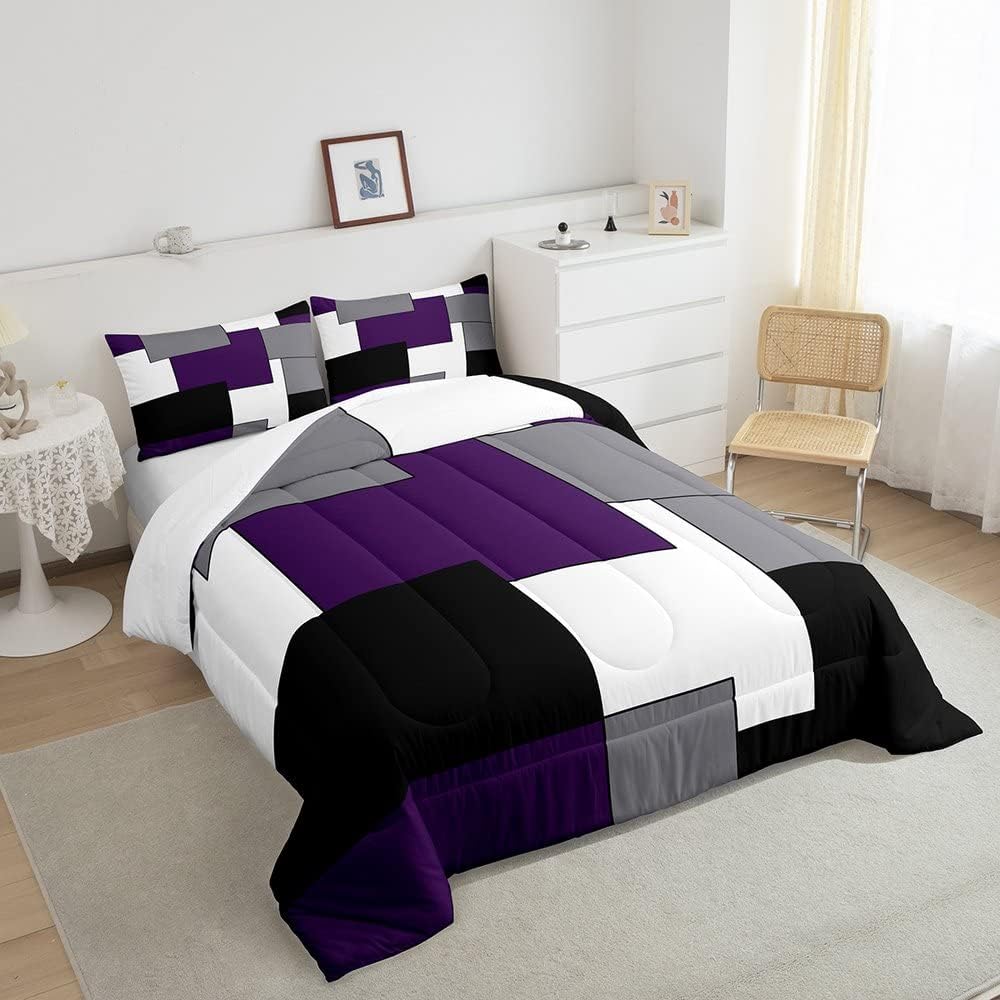 Erosebridal Grey Purple White Black Geometry Comforter Set Queen